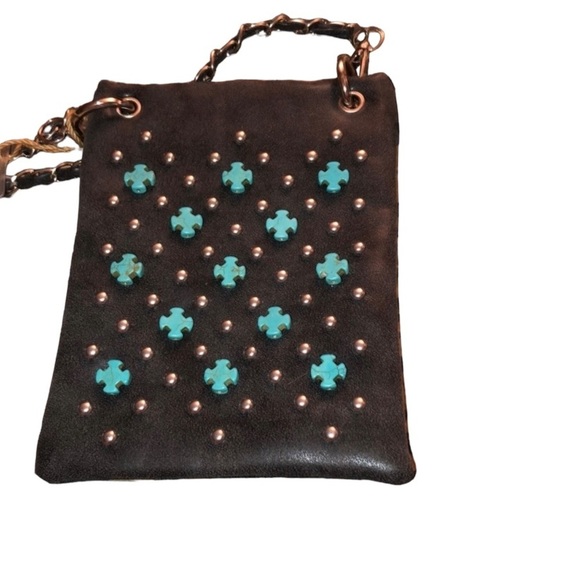 SS Fashion faux leather crossbody very dark gray black turquoise studded crosses - Picture 4 of 16